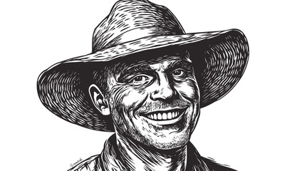 Smiling man in hat, black and white sketch, linear icons set, vector.