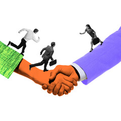 Surreal digital artwork. Corporate handshake transformed into bridge with running employees,...