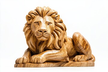 Intricately carved wooden lion resting on a clean white surface, showcasing fine craftsmanship isolated on transparent background