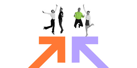 Happy team, colleagues celebrating successful collaboration, on dynamic arrows, symbolizing market...