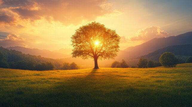 Majestic Tree at Sunset Over Rolling Hills and Vibrant Sky