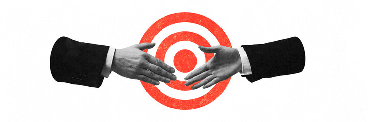 Conceptual artwork. Handshake of businessmen in front of target symbolize precision in deal-making,...