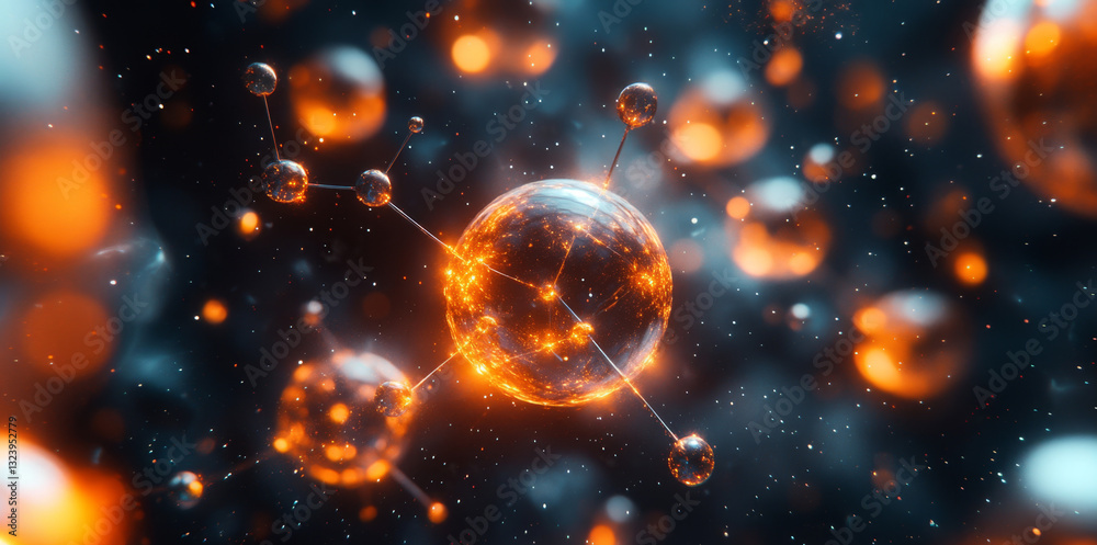 Poster Floating particles represent quantum phenomena such as superposition and entanglement, showcasing their potential use in algorithms and optimization within computing systems.