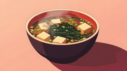 Steaming Bowl of Miso Soup with Tofu and Wakame Seaweed