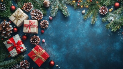 Festive Christmas Gift Presents with Pine Branches and Ornaments