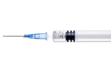 A close-up of a sterile syringe with a thin needle against a clean, white background isolated on transparent background