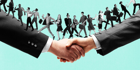 Contemporary art collage. Conceptual design. Businesspeople walking on giant handshake. Growing...