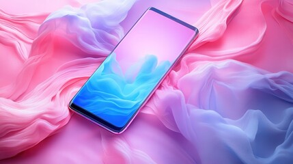 A sleek, minimalist smartphone, its vibrant pink and blue accents gleaming under the soft light, sits majestically against a bold, abstract background that evokes both energy and tranquility.