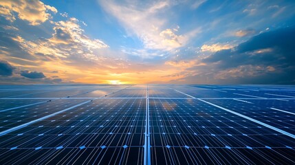 Solar panels collecting sunset light: eco-friendly energy production