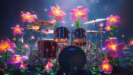 Drums Transformed: A Powerful Drum Kit with Pulsating, Glowing Flowers Growing from Its Hardware and Drumheads
