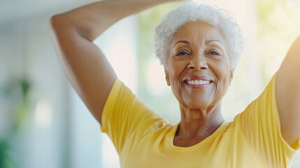 Cheerful elderly woman smiling, happy senior in bright yellow top showcasing joy and positivity, perfect for wellness themes.