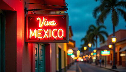 Neon "Viva Mexico" sign glowing on a street with blurred lights and palm trees in the background