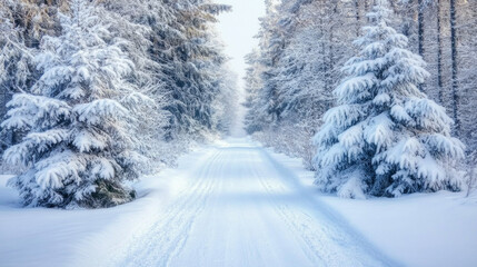 Fototapeta premium Snow-covered sled trail winds through dense winter forest showcasing serene beauty of nature