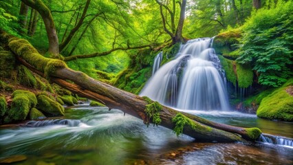 Water cascading down surrounded by vibrant green foliage next to a large fallen tree