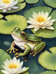 A Serene Green Frog Peacefully Resting Amidst Vibrant Water Lilies In A Tranquil Pond, Showcasing Lush Detailed Foliage And A Reflective Dark Water Surface