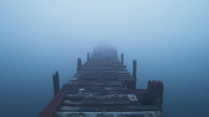 Obraz premium Foggy Pier Over Water in Mysterious Foggy Atmosphere at Dusk
