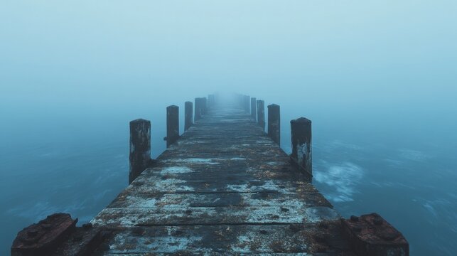 Foggy Pier Stretching into Mystical Unknown with Calm Water