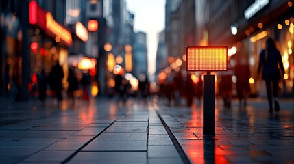 Urban street scene at dusk with glowing red signal light and blurred pedestrians in vibrant city atmosphere