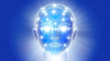 Glowing digital human head with neural network connections and bright light effects on blue background