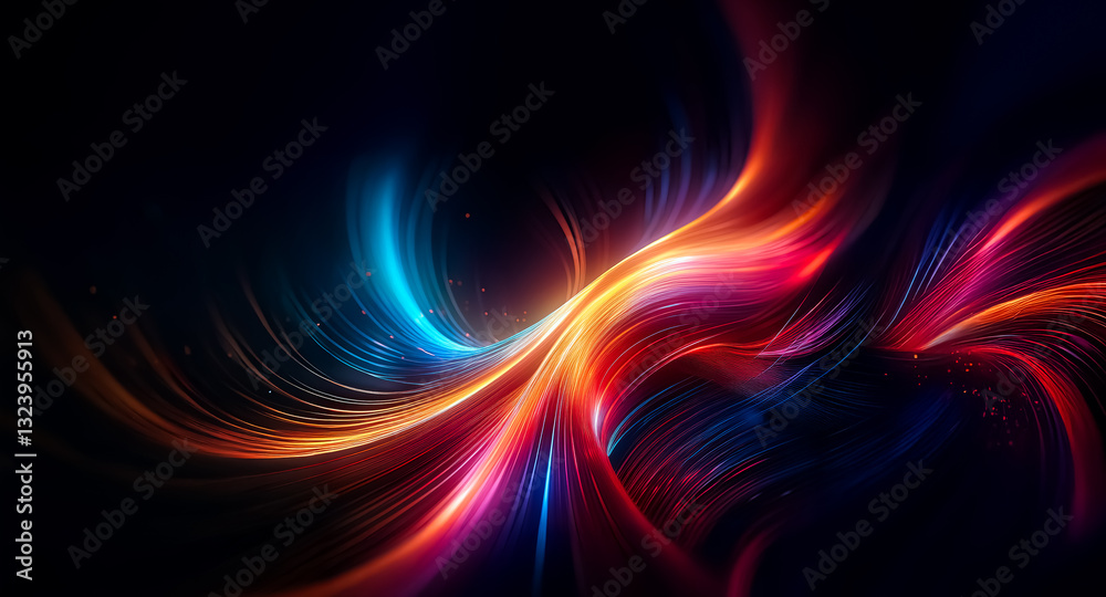 Poster vibrant, abstract image features luminous, curved streaks of blue, orange, red, and purple light aga