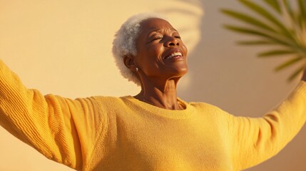 Obraz premium Joyful woman embracing sunlight, smiling with arms outstretched, wearing a cozy yellow sweater, vibrant and uplifting atmosphere.