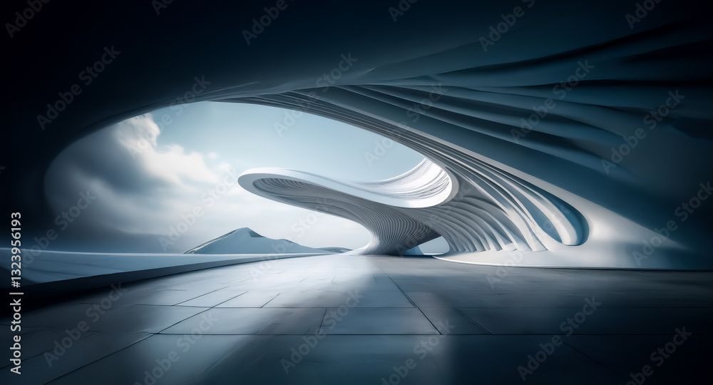 Aufkleber abstract futuristic architecture with smooth, curved lines and spacious interior. a bright sky is vi
