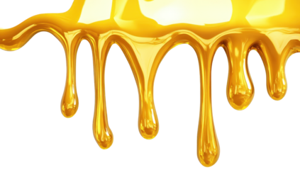 vibrant golden liquid dripping in a smooth glossy texture resembling honey or syrup creating an appealing visual effect against a white background