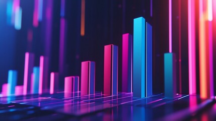 Fototapeta premium Neon Glow: Abstract 3D Bar Chart, vibrant colors, futuristic data visualization, growth, progress, technology, digital art, innovation, success, financial chart