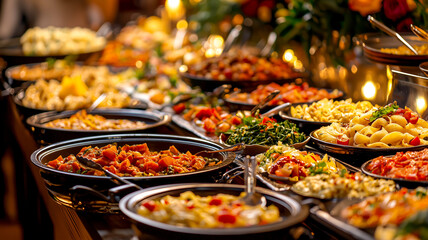 Obraz premium A vibrant buffet showcases diverse culinary offerings, perfect for catering or a feast. Abundant, colorful, and deliciously inviting.