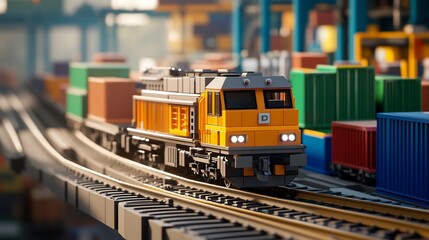 Naklejka premium Cargo train, port, containers, transportation, logistics, industry, rail, shipping, sunrise, model