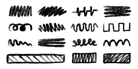 Coal s scribbles, drawn with black charcoal, crayon texture, freehand graphic for decoration. Stickers, design elements, hand drawing. Vector illustration.