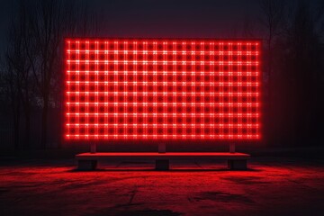 Illuminated red LED display board stands alone at night in an empty field