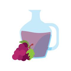 Flat vector illustration of a wine decanter with purple wine and a bunch of grapes