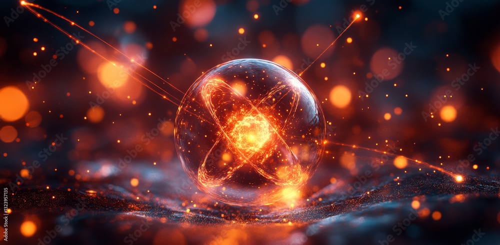 Fototapete a glowing orb symbolizes a quantum particle, showcasing vibrant energy patterns of superposition and