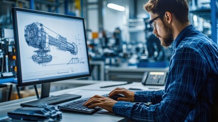 Male engineer working on a computer with a blueprint design on the screen, showcasing creativity and innovation in engineering and design with a modern industrial background