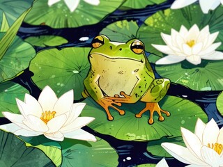 A Serene Green Frog Peacefully Perched On A Lily Pad Amidst Vibrant Water Lilies, Bathed In Soft Sunlight And Surrounded By Lush Greenery