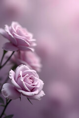 Fototapeta premium Soft-focus lilac background with a close-up of delicate dusty purple roses, creating a dreamy and elegant copy space for versatile creative use.