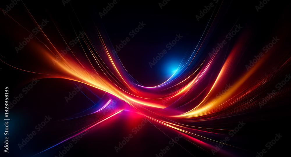 Poster abstract light streaks in vibrant colors dance across the dark background, creating a dynamic and en