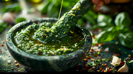 Fresh Green Pesto Preparation with Basil and Olive Oil in Bowl