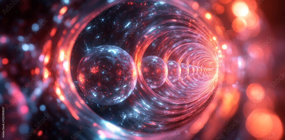 Poster Visualizes a journey through a quantum realm filled with vibrant colors and intricate structures.