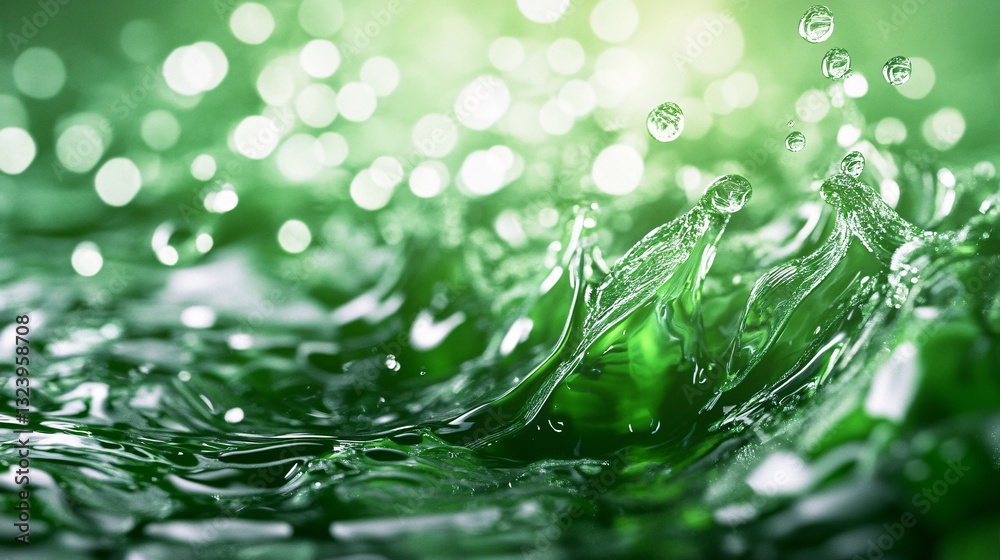Poster Green water splashing and forming drops with bokeh effect