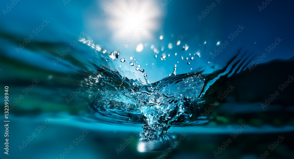 Poster bright sun illuminates clear blue water as it bursts upwards, creating dynamic splashes and droplets