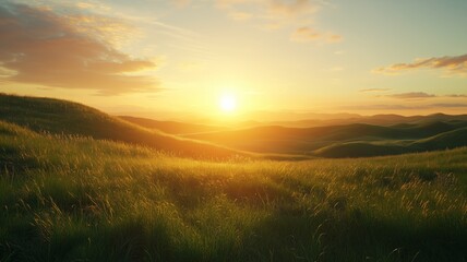 Fototapeta premium A bright golden sunrise over rolling hills with green grass and a clear blue sky