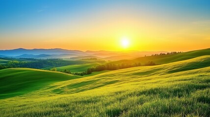 Obraz premium A bright golden sunrise over rolling hills with green grass and a clear blue sky