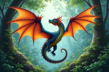 Magical Forest with Colorful Dragon and Dazzling Hues