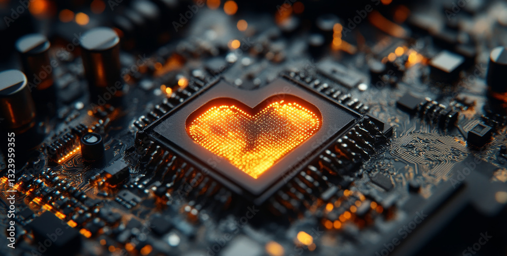 Aufkleber A close-up view of a circuit board showcasing a vibrant heart shape illuminated in orange. This design represents the harmony between technology and emotion in modern computing systems.