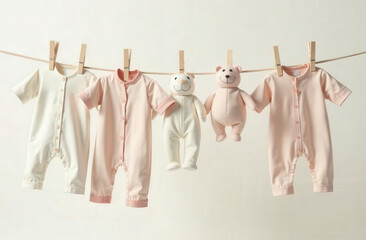 Stylish baby outfits hanging on a clothesline in a soft pastel color palette showcasing comfortable and fashionable designs