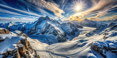 Aerial double exposure unveils Jungfrau's snow-capped peaks, a winter wonderland.