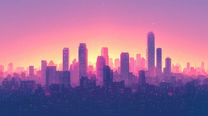 Fototapeta premium A vibrant city skyline at sunset, featuring tall buildings silhouetted against a gradient of purple, pink, and orange hues.
