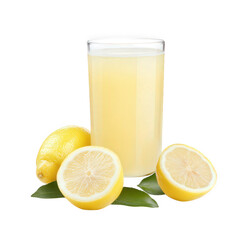 a refreshing glass of lemon juice sits beside whole and halved lemons accompanied by green leaves showcasing a vibrant and inviting drink